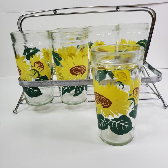 Anchor Hocking Other - Vintage Anchor Hocking Six Sunflower Tumbler Glasses Jelly Jar Style With Rack